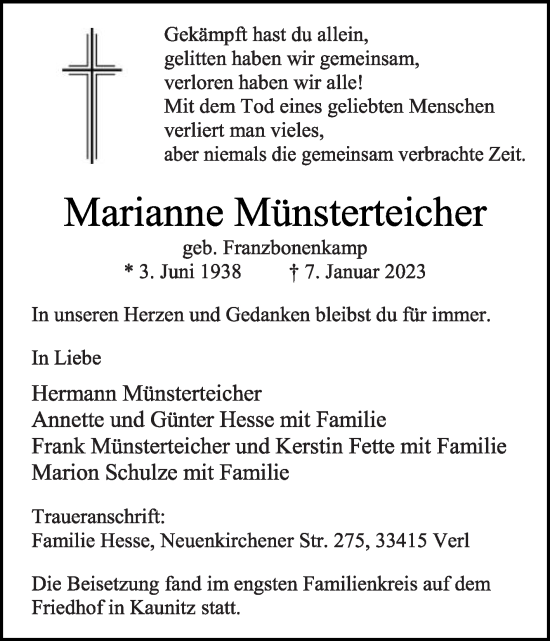 Traueranzeige von Marianne Münsterteicher von Die Glocke