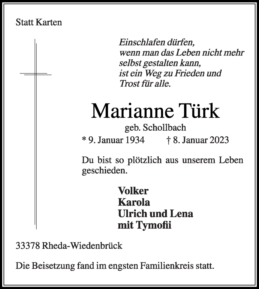  Traueranzeige für Marianne Türk vom 14.01.2023 aus Die Glocke