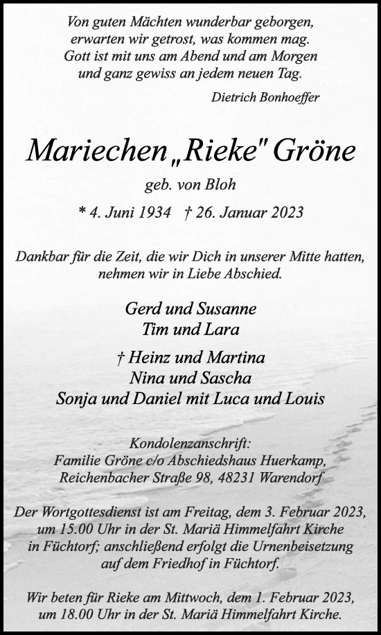 Traueranzeige von Mariechen Gröne von Die Glocke