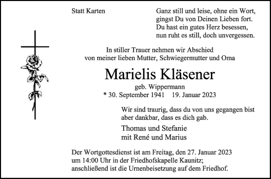 Traueranzeige von Marielis Kläsener von Die Glocke