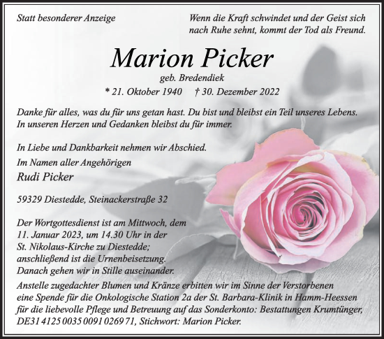 Traueranzeige von Marion Picker von Die Glocke