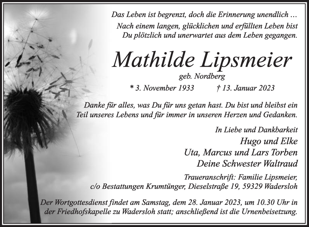  Traueranzeige für Mathilde Lipsmeier vom 21.01.2023 aus Die Glocke