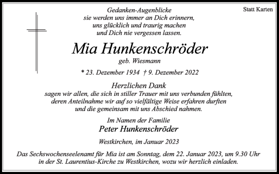 Traueranzeige von Mia Hunkenschröder von Die Glocke