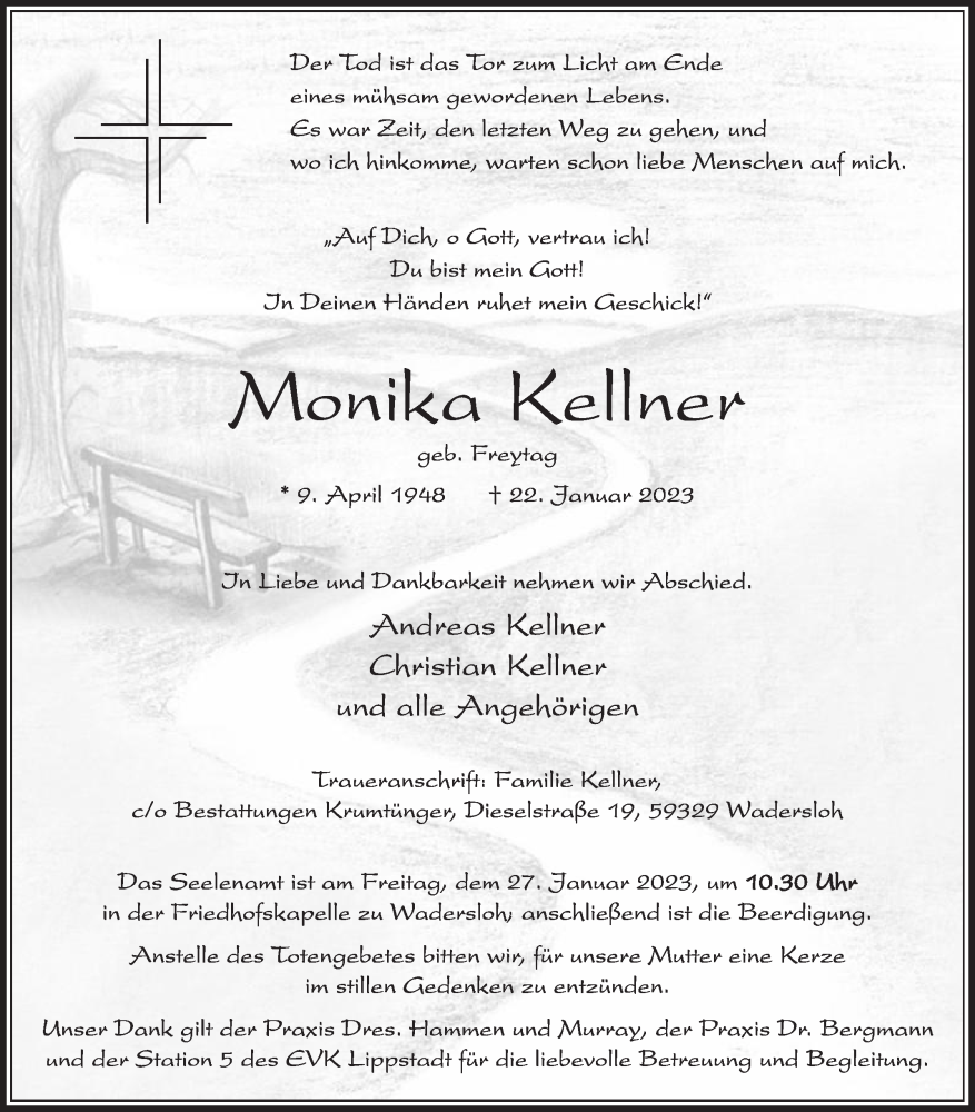  Traueranzeige für Monika Kellner vom 25.01.2023 aus Die Glocke