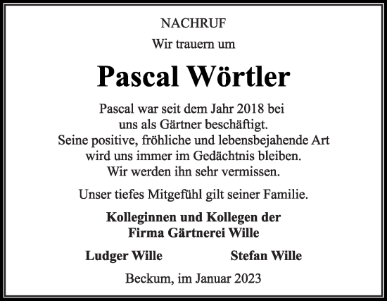 Traueranzeige von Pascal Wörtler von Die Glocke