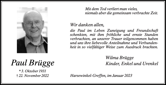 Traueranzeige von Paul Brügge von Die Glocke