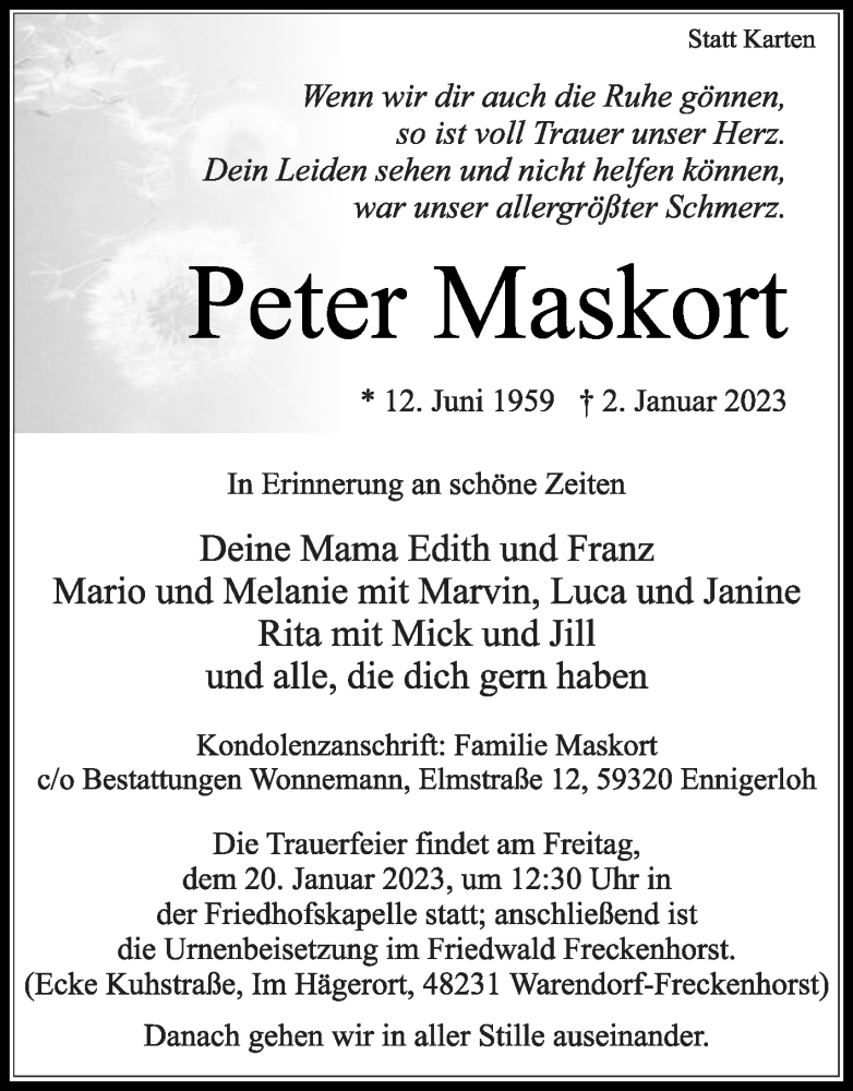  Traueranzeige für Peter Maskort vom 07.01.2023 aus Die Glocke