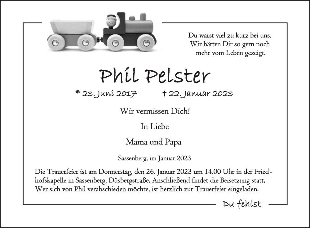  Traueranzeige für Phil Pelster vom 25.01.2023 aus Die Glocke