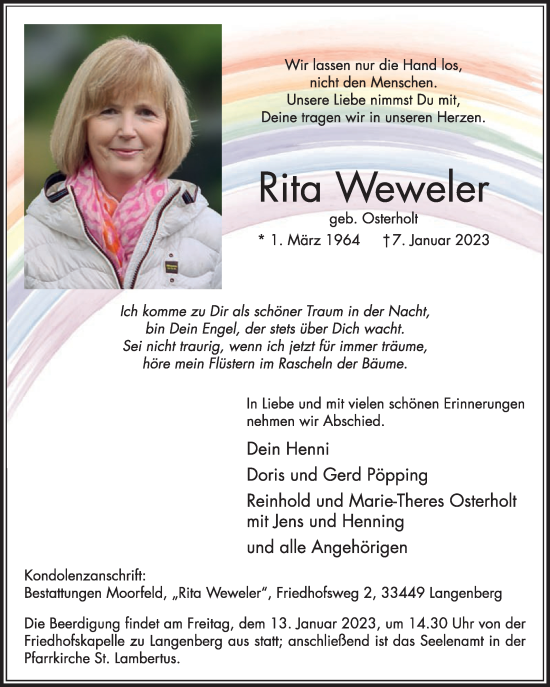 Traueranzeige von Rita Weweler von Die Glocke