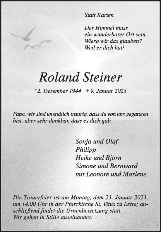 Traueranzeige von Roland Steiner von Die Glocke