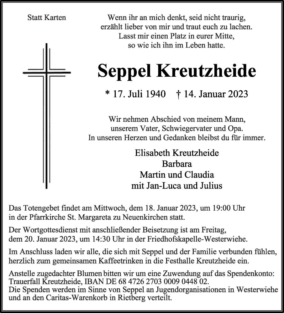  Traueranzeige für Seppel Kreutzheide vom 17.01.2023 aus Die Glocke