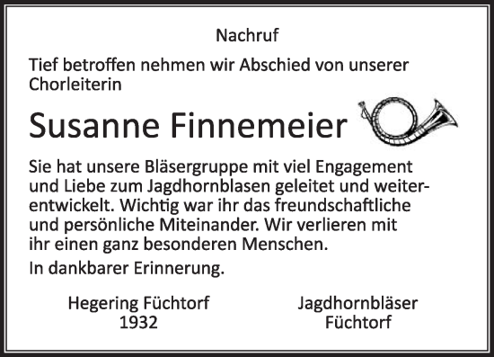 Traueranzeige von Susanne Finnemeier von Die Glocke