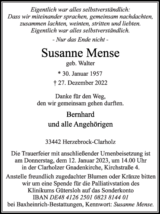 Traueranzeige von Susanne Mense von Die Glocke