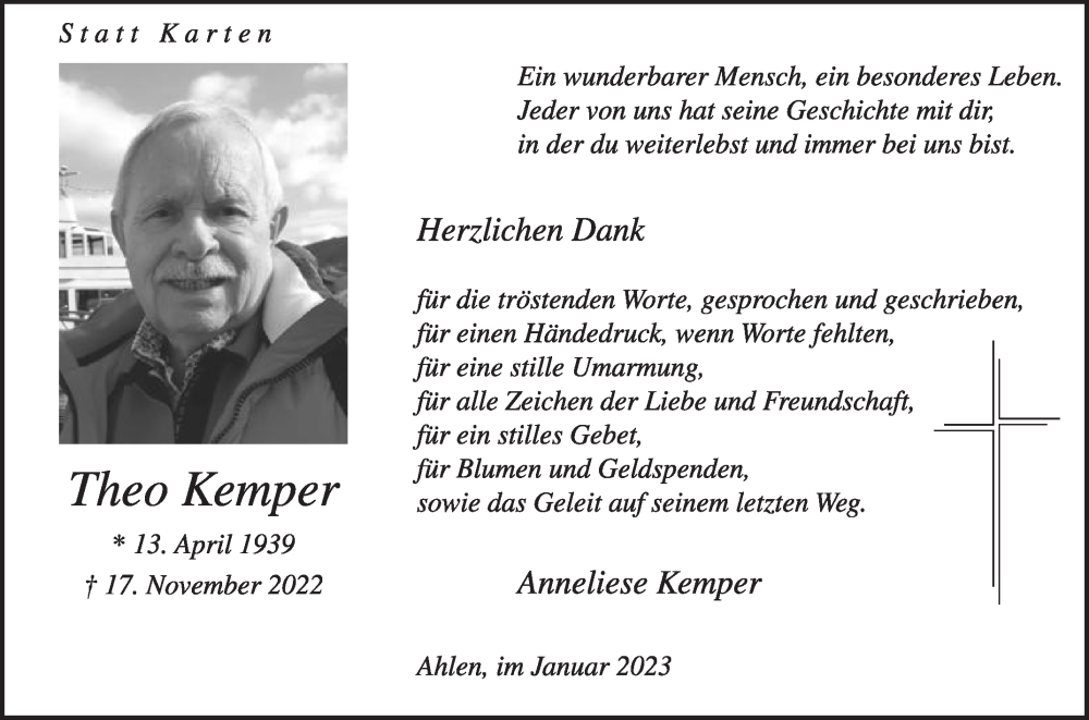  Traueranzeige für Theo Kemper vom 18.01.2023 aus Die Glocke