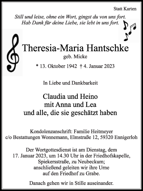 Traueranzeige von Theresia-Maria Hantschke von Die Glocke