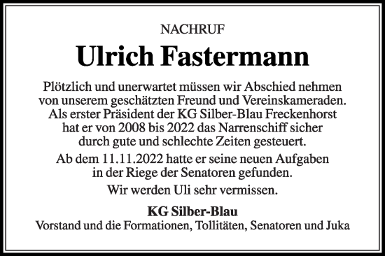 Traueranzeige von Ulrich Fastermann von Die Glocke