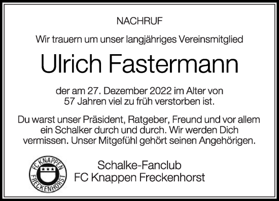 Traueranzeige von Ulrich Fastermann von Die Glocke