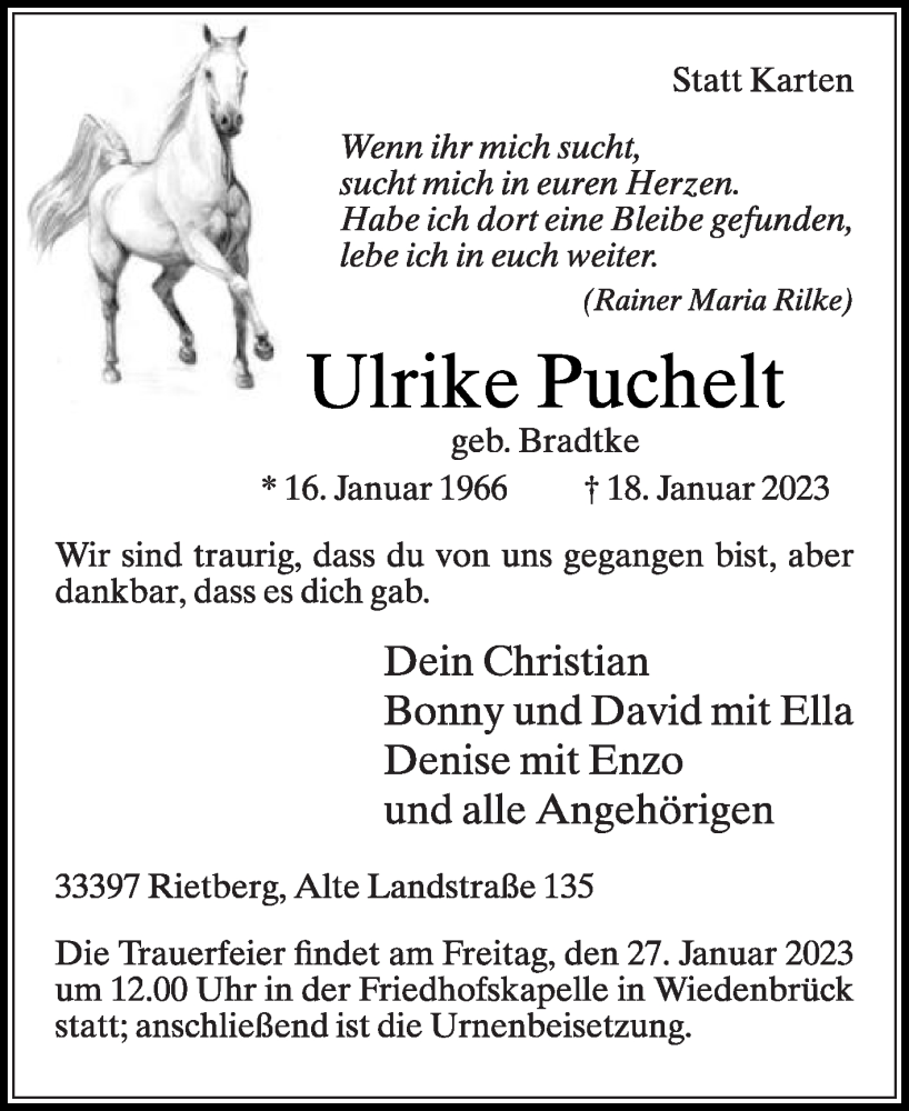  Traueranzeige für Ulrike Puchelt vom 21.01.2023 aus Die Glocke