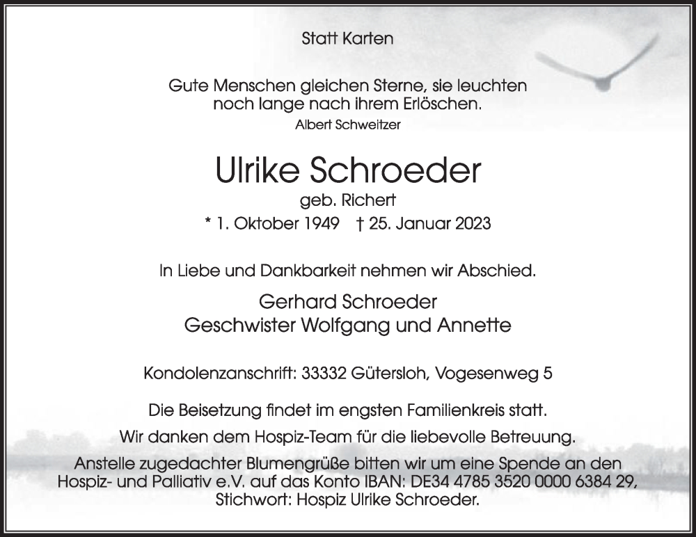  Traueranzeige für Ulrike Schroeder vom 28.01.2023 aus Die Glocke