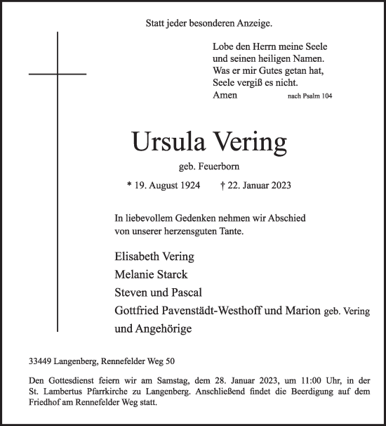 Traueranzeige von Ursula Vering von Die Glocke