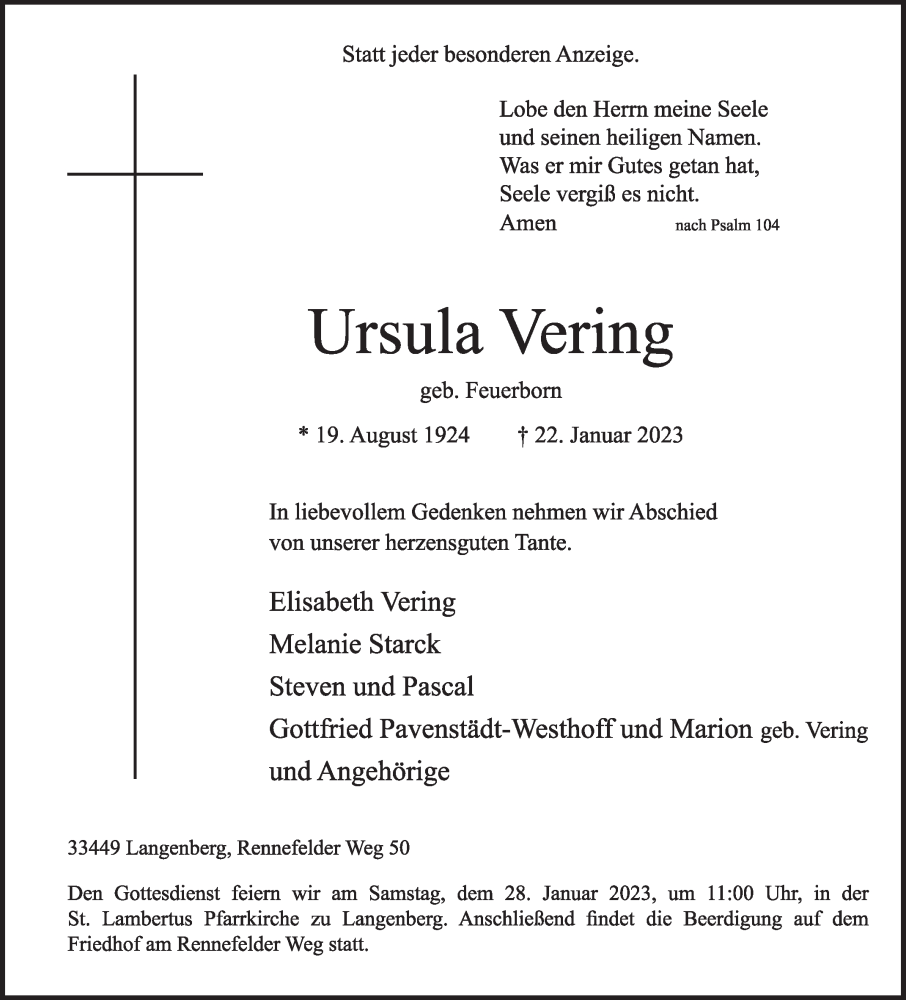  Traueranzeige für Ursula Vering vom 25.01.2023 aus Die Glocke