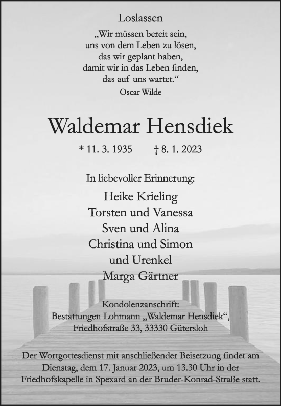 Traueranzeige von Waldemar Hensdiek von Die Glocke