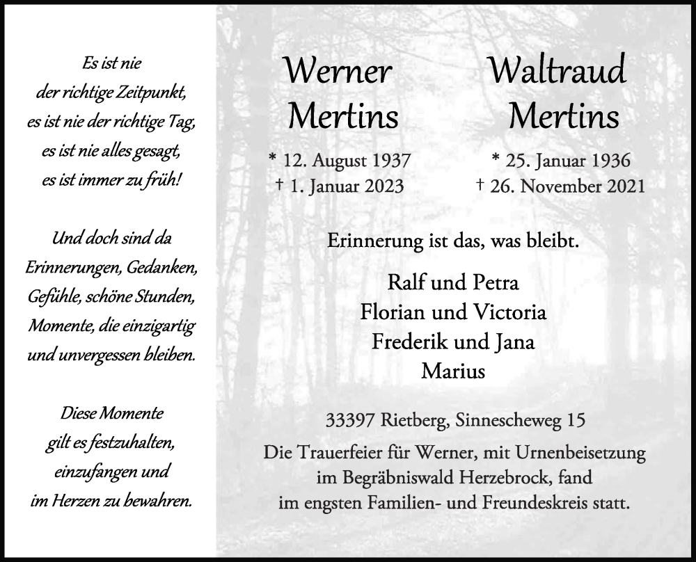  Traueranzeige für Werner Mertins vom 25.01.2023 aus Die Glocke
