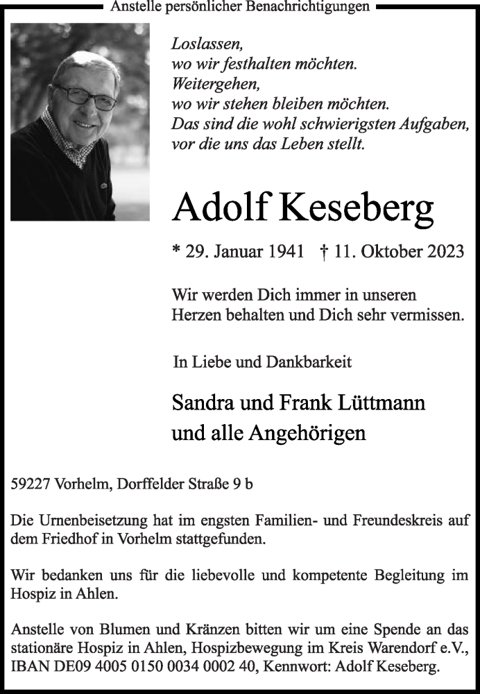  Traueranzeige für Adolf Keseberg vom 21.10.2023 aus Die Glocke