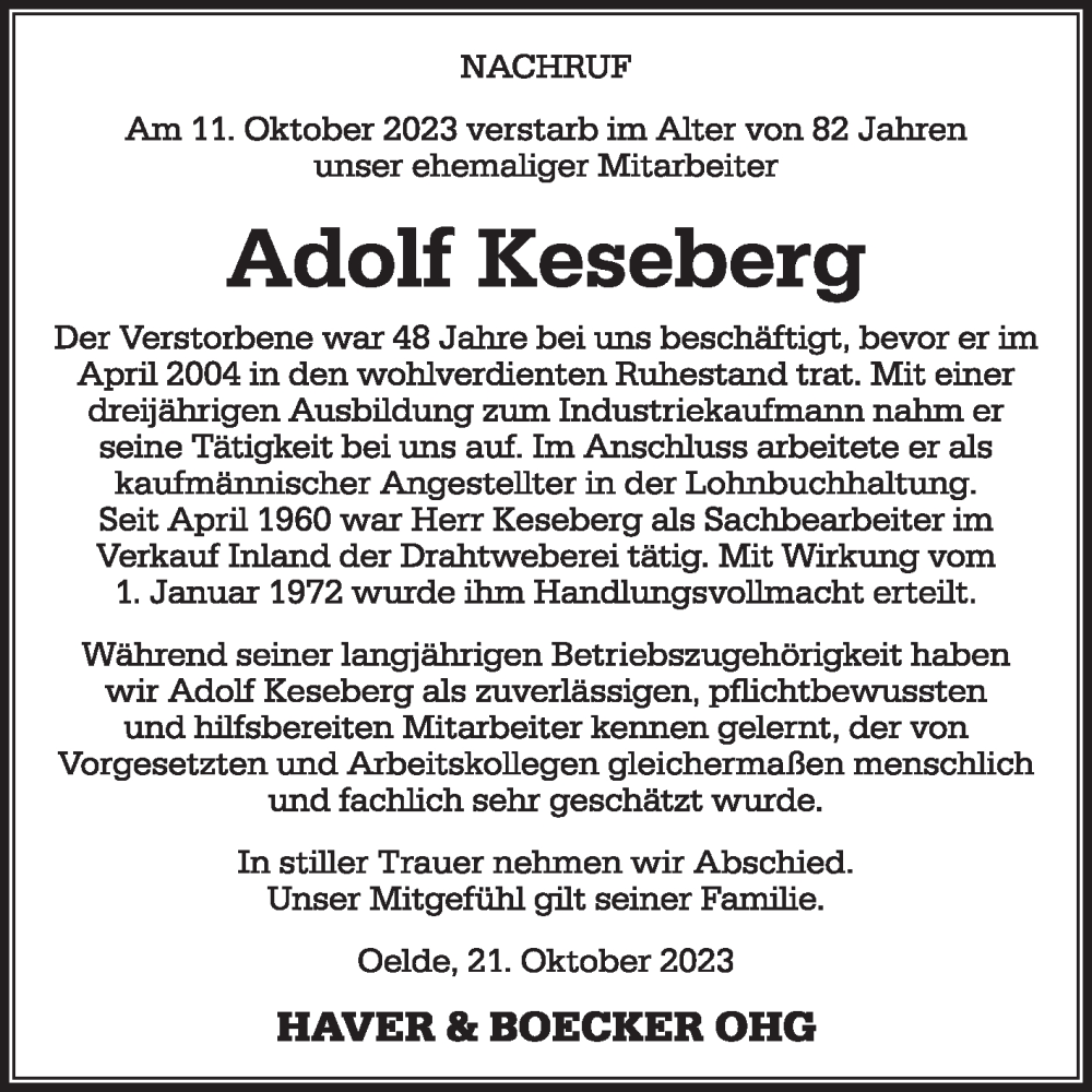  Traueranzeige für Adolf Keseberg vom 24.10.2023 aus Die Glocke