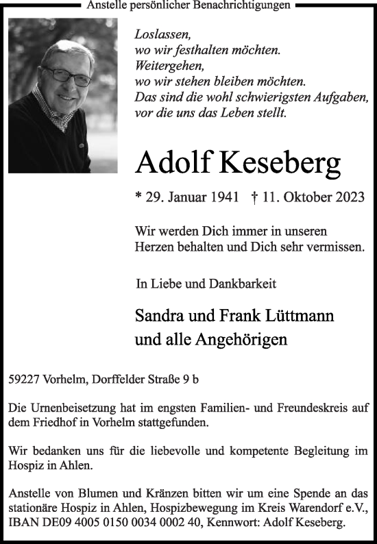 Traueranzeige von Adolf Keseberg von Die Glocke