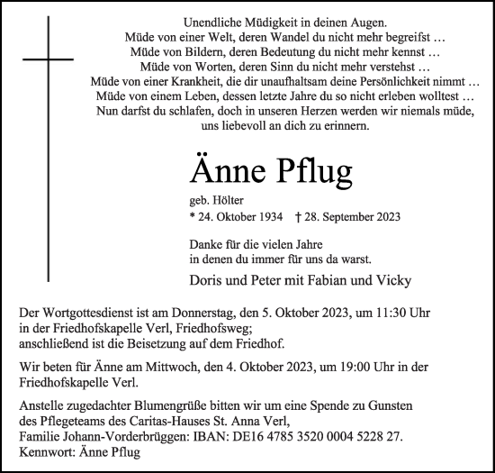 Traueranzeige von Änne Pflug von Die Glocke