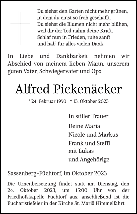 Traueranzeige von Alfred Pickenäcker von Die Glocke