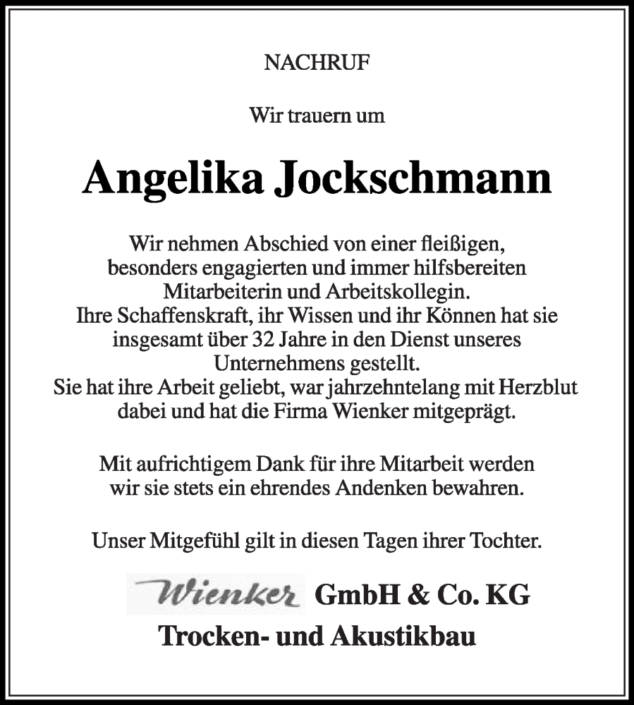  Traueranzeige für Angelika Jockschmann vom 21.10.2023 aus Die Glocke