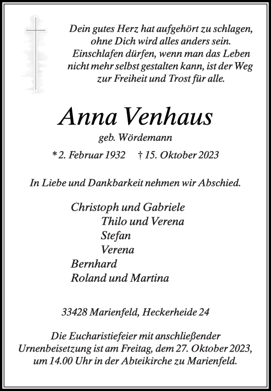 Traueranzeige von Anna Venhaus von Die Glocke