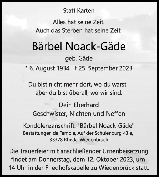 Traueranzeige von Bärbel Noack-Gäde von Die Glocke
