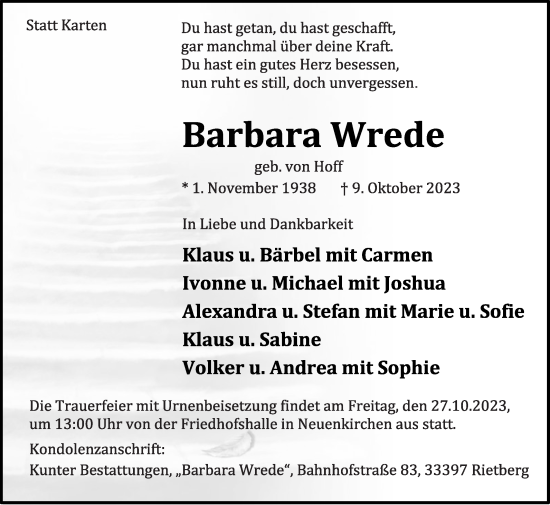 Traueranzeige von Barbara Wrede von Die Glocke