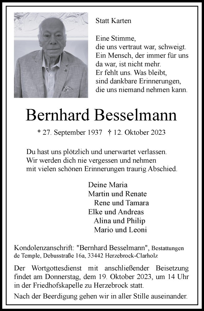  Traueranzeige für Bernhard Besselmann vom 16.10.2023 aus Glocke Trauer