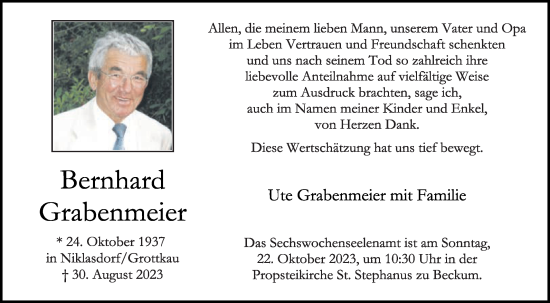 Traueranzeige von Bernhard Grabenmeier von Die Glocke