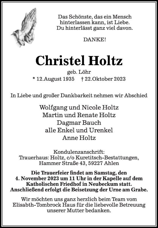 Traueranzeige von Christel Holtz von Die Glocke