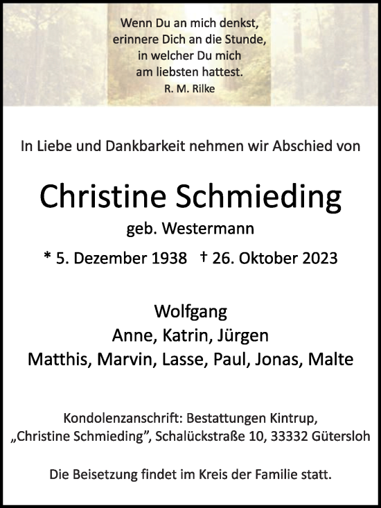 Traueranzeige von Christine Schmieding von Die Glocke