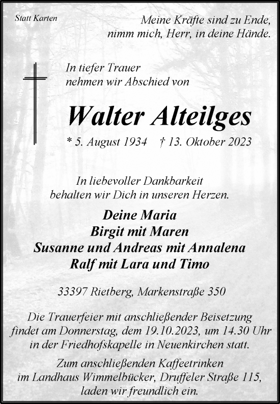 Traueranzeige von Walter Alteilges von Glocke Trauer