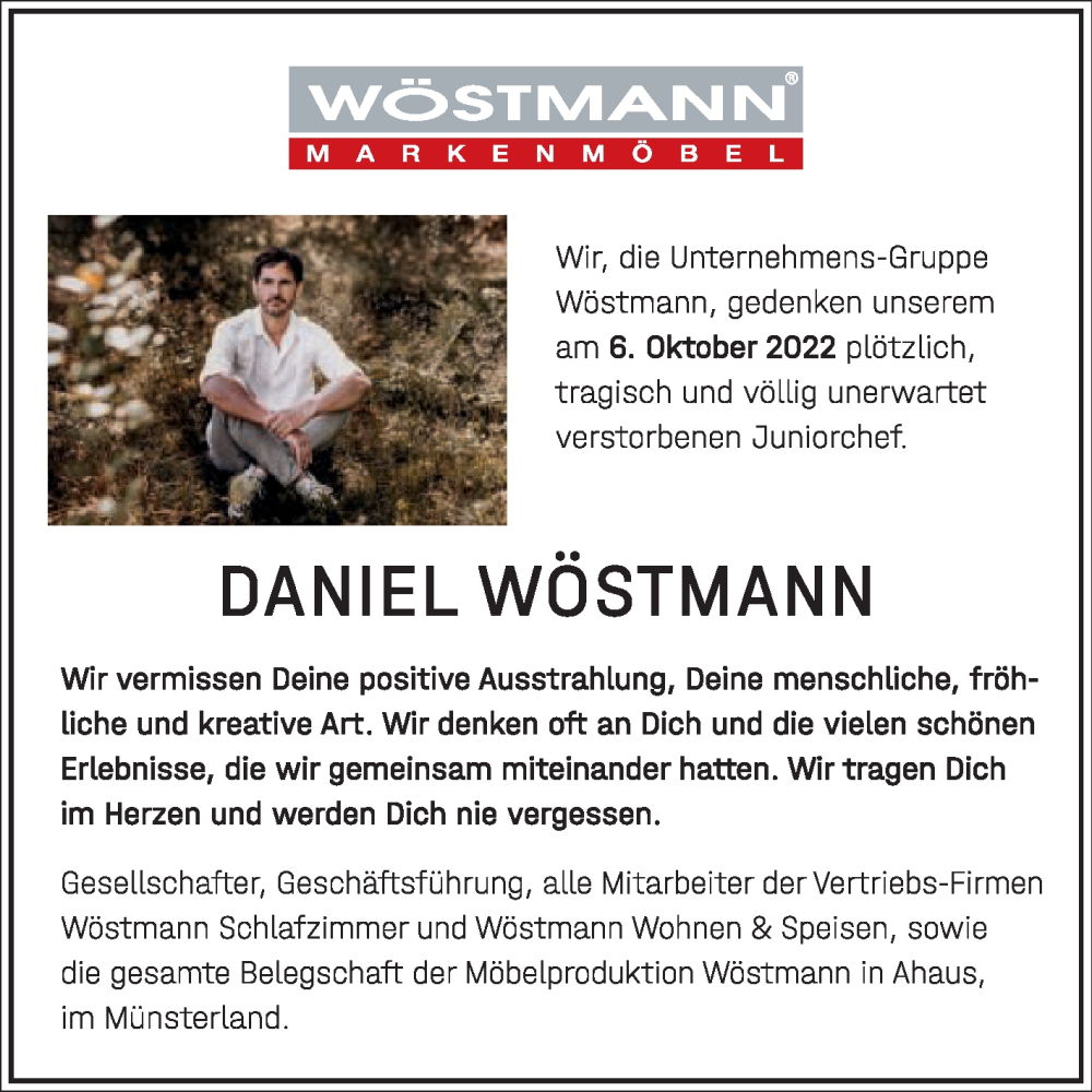  Traueranzeige für Daniel Wöstmann vom 06.10.2023 aus Die Glocke