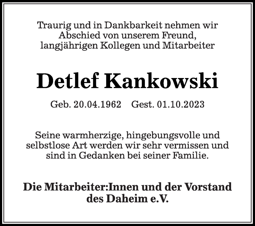  Traueranzeige für Detlef Kankowski vom 07.10.2023 aus Die Glocke