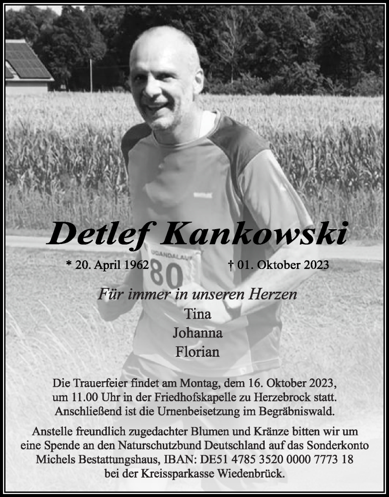 Traueranzeige für Detlef Kankowski vom 07.10.2023 aus Die Glocke
