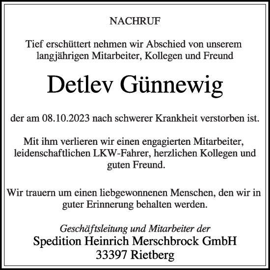 Traueranzeige von Detlev Günnewig von Die Glocke