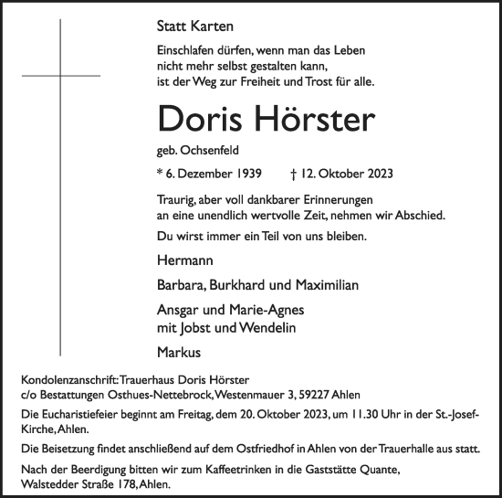 Traueranzeige von Doris Hörster von Die Glocke