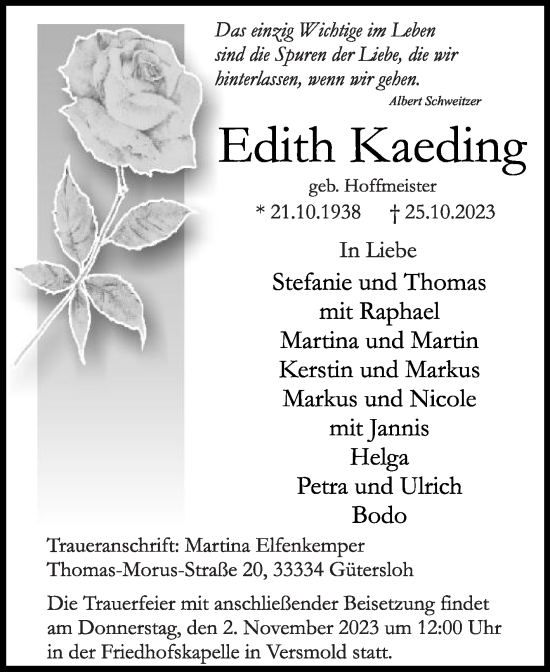 Traueranzeige von Edith Kaeding von Die Glocke