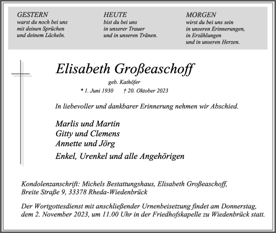 Traueranzeige von Elisabeth Großeaschoff von Die Glocke