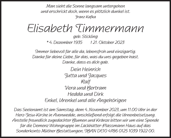 Traueranzeige von Elisabeth Timmermann von Die Glocke