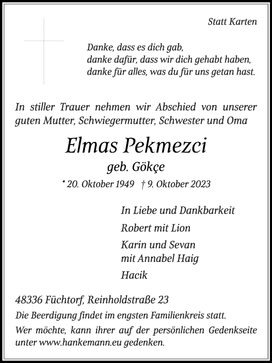 Traueranzeige von Elmas Pekmezci von Die Glocke